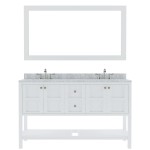 Winterfell 60" Double Bath Vanity in White with White Marble Top and Round Sinks with Brushed Nickel Faucets and Matching Mir