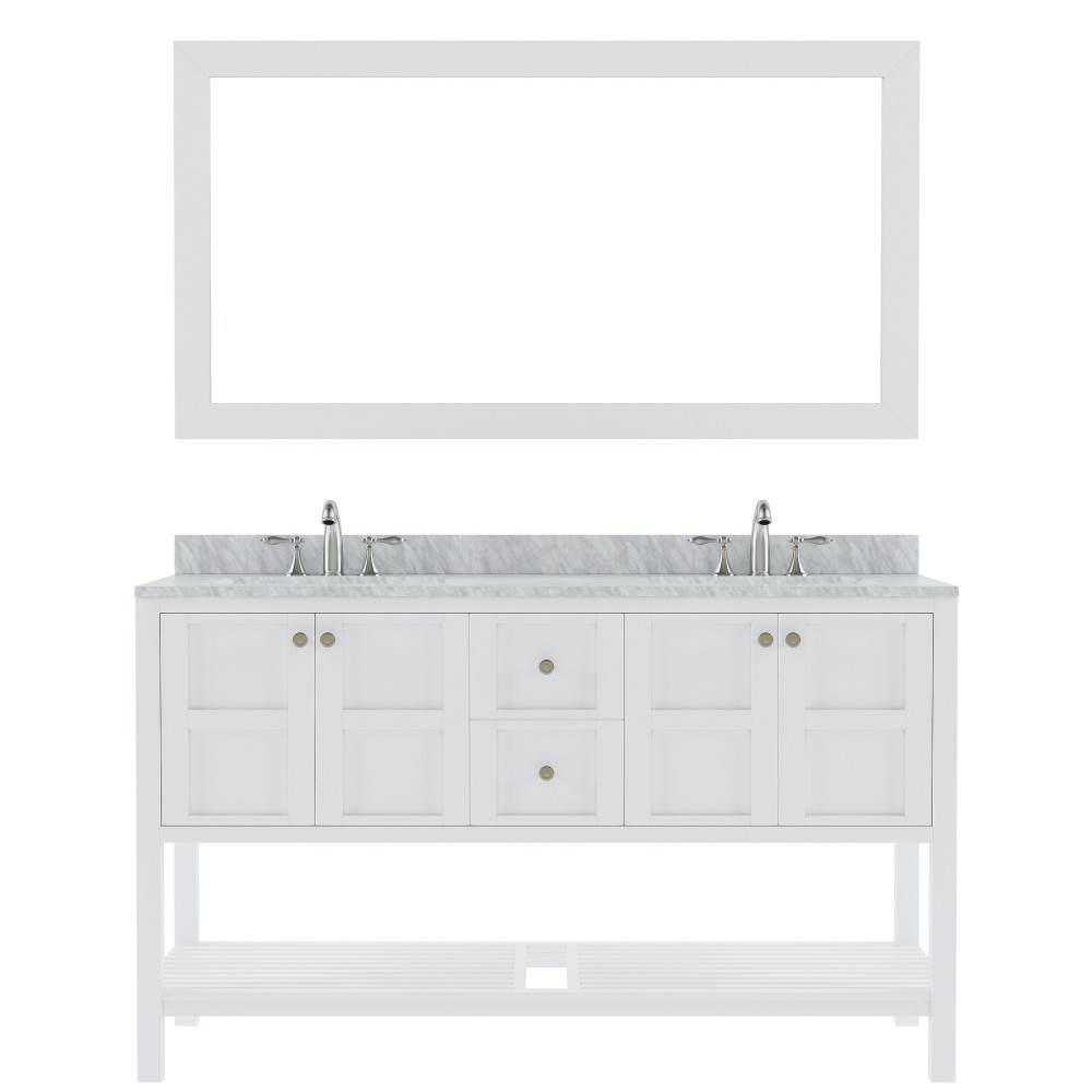 Winterfell 60" Double Bath Vanity in White with White Marble Top and Round Sinks with Brushed Nickel Faucets and Matching Mir