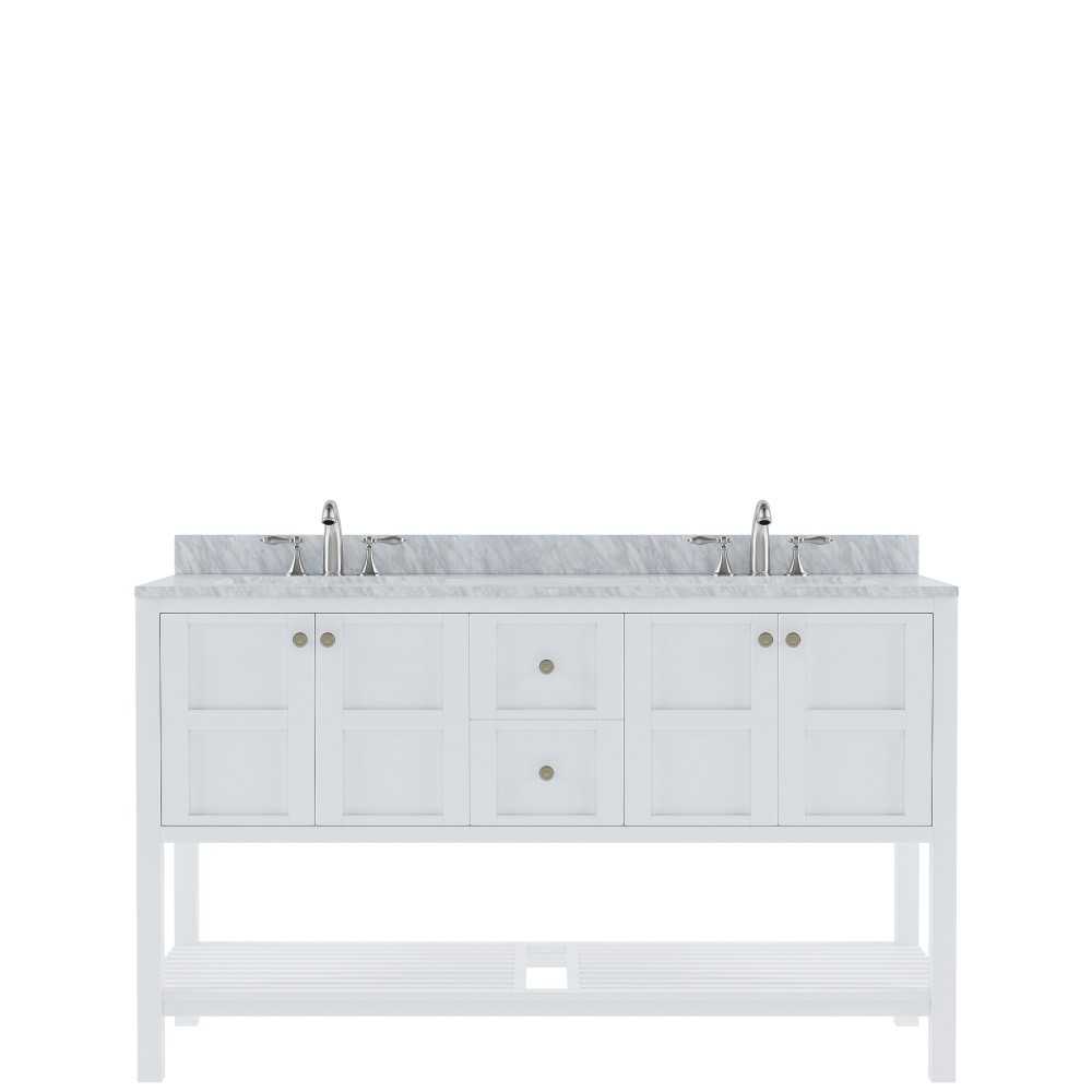 Winterfell 60" Double Bath Vanity in White with White Marble Top and Round Sinks with Brushed Nickel Faucets