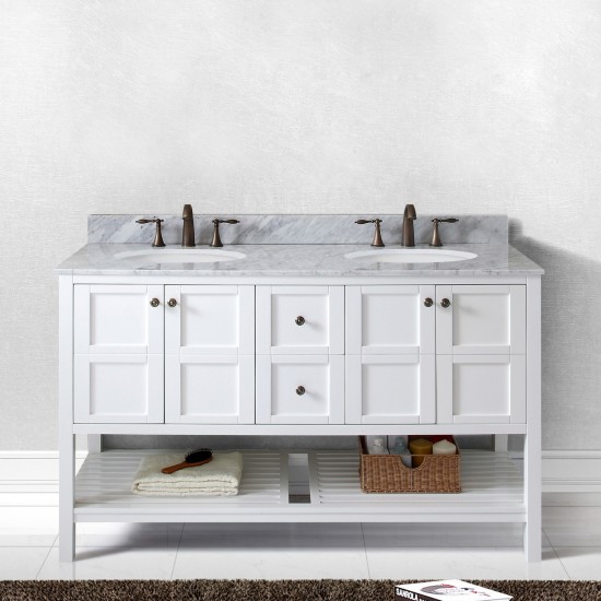 Winterfell 60" Double Bath Vanity in White with White Marble Top and Round Sinks with Brushed Nickel Faucets