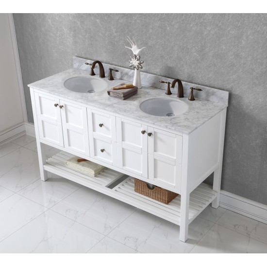 Winterfell 60" Double Bath Vanity in White with White Marble Top and Round Sinks with Brushed Nickel Faucets