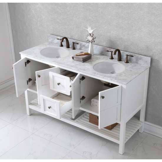 Winterfell 60" Double Bath Vanity in White with White Marble Top and Round Sinks with Brushed Nickel Faucets