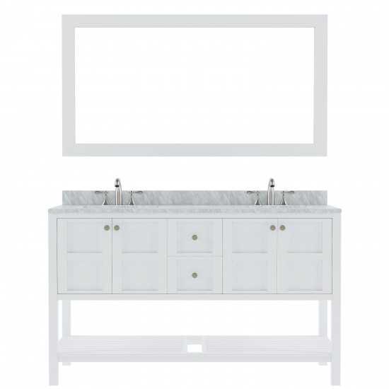 Winterfell 60" Double Bath Vanity in White with White Marble Top and Round Sinks with Polished Chrome Faucets and Mirror