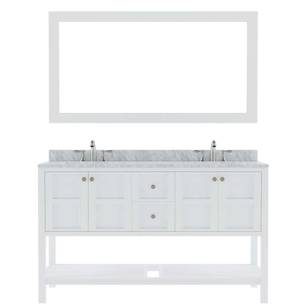 Winterfell 60" Double Bath Vanity in White with White Marble Top and Round Sinks with Polished Chrome Faucets and Mirror