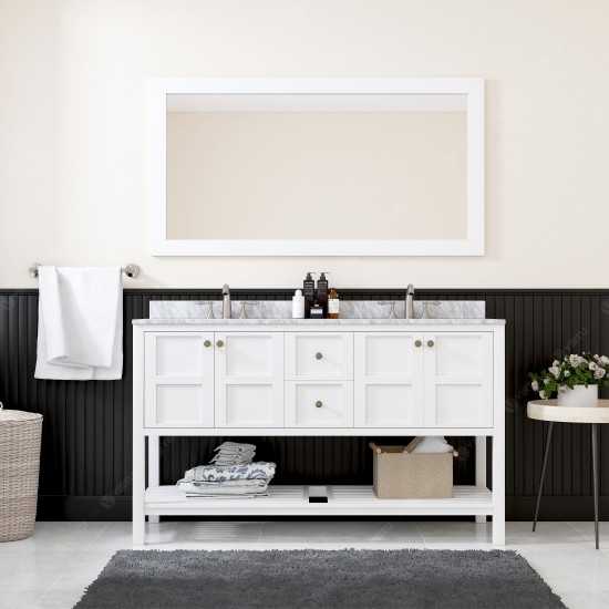 Winterfell 60" Double Bath Vanity in White with White Marble Top and Round Sinks with Polished Chrome Faucets and Mirror