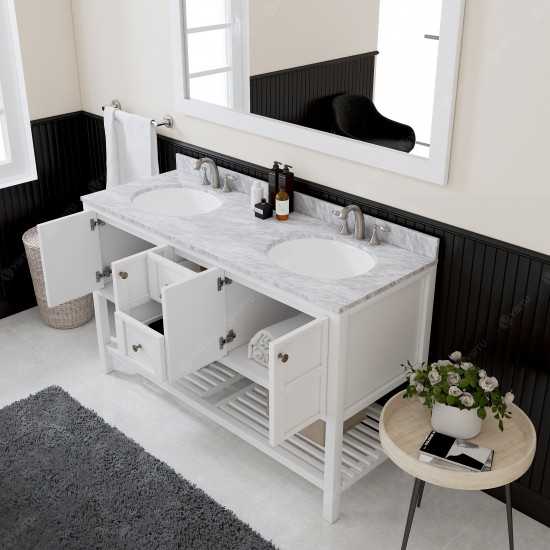 Winterfell 60" Double Bath Vanity in White with White Marble Top and Round Sinks with Polished Chrome Faucets and Mirror