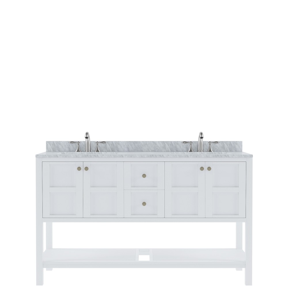 Winterfell 60" Double Bath Vanity in White with White Marble Top and Round Sinks with Polished Chrome Faucets