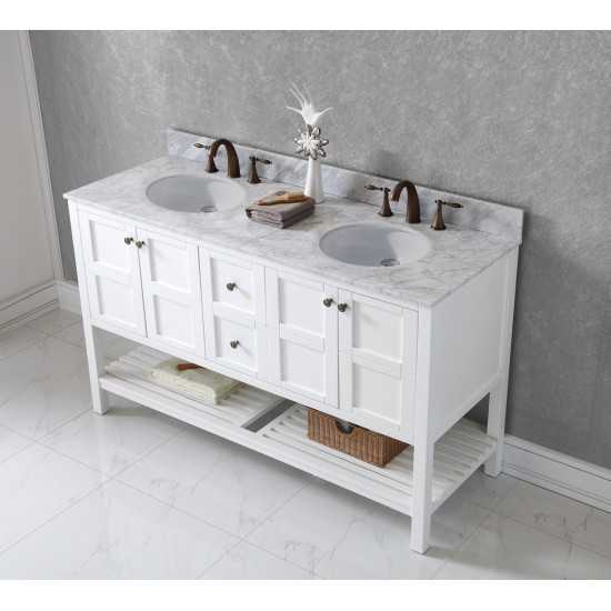 Winterfell 60" Double Bath Vanity in White with White Marble Top and Round Sinks with Polished Chrome Faucets