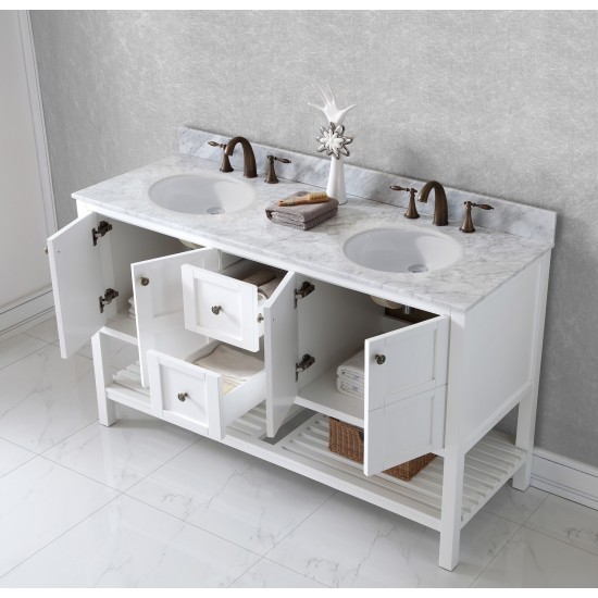 Winterfell 60" Double Bath Vanity in White with White Marble Top and Round Sinks with Polished Chrome Faucets