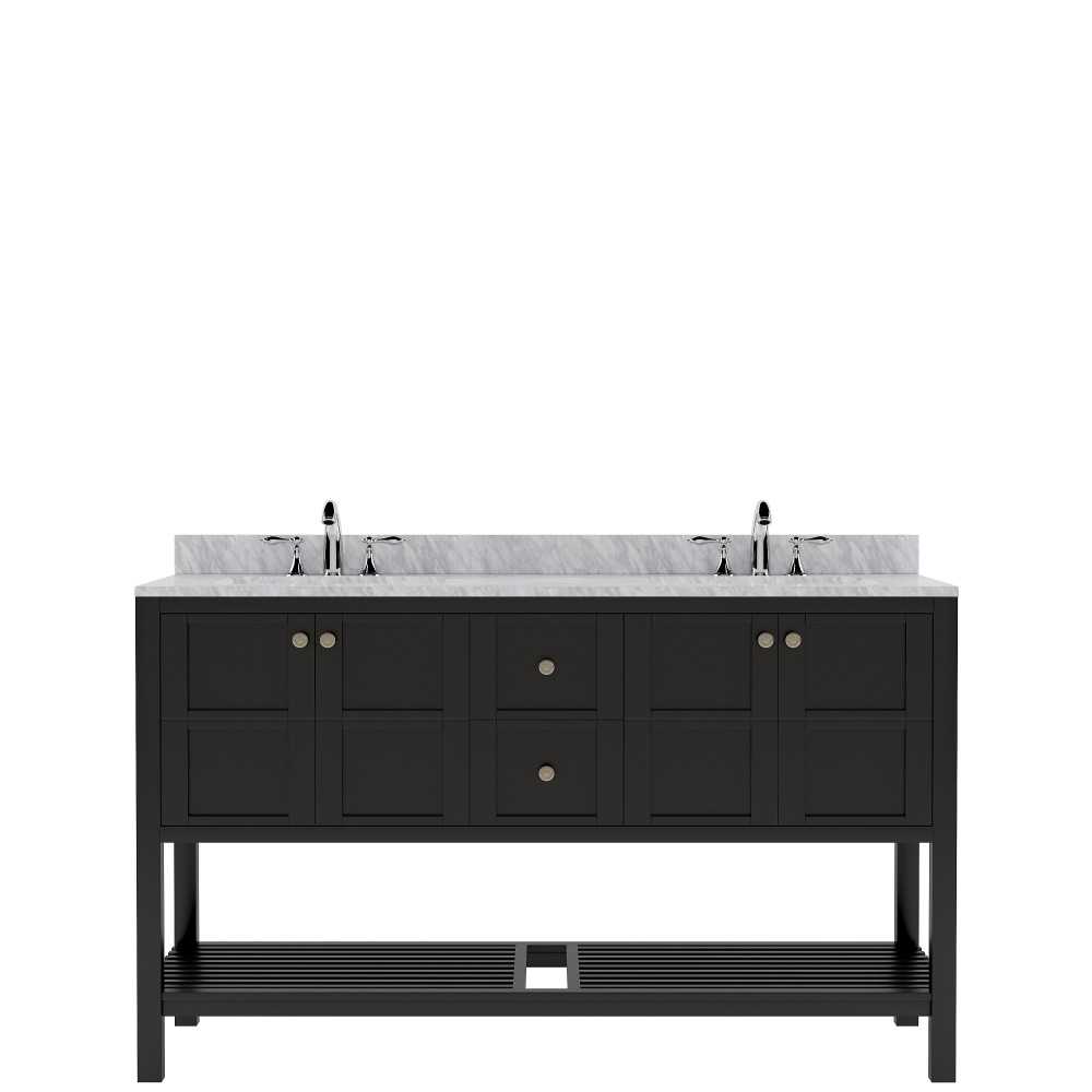 Winterfell 60" Double Bath Vanity in Espresso with White Marble Top and Square Sinks with Brushed Nickel Faucets