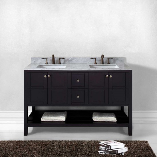 Winterfell 60" Double Bath Vanity in Espresso with White Marble Top and Square Sinks with Brushed Nickel Faucets