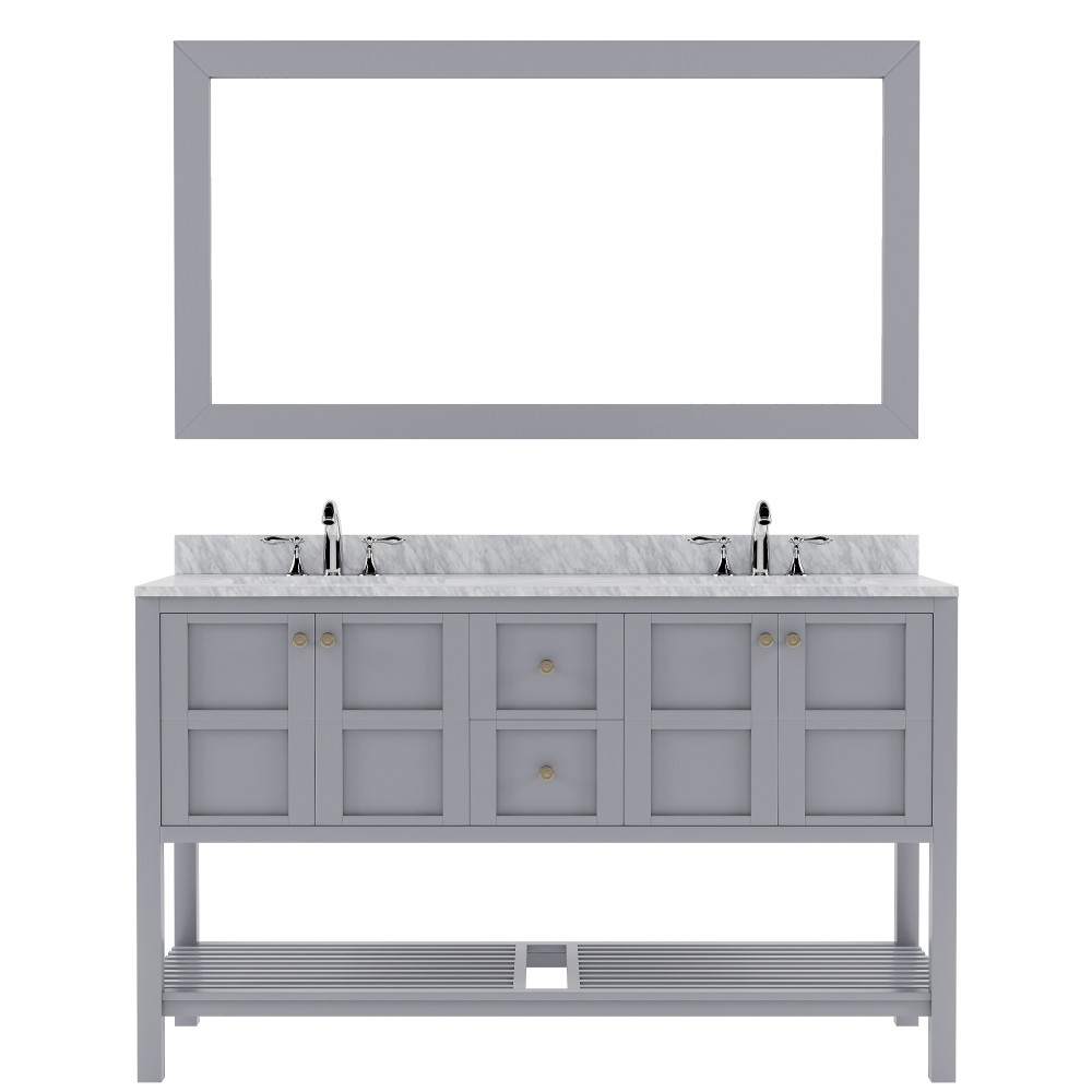 Winterfell 60" Double Bath Vanity in Gray with White Marble Top and Square Sinks and Matching Mirror