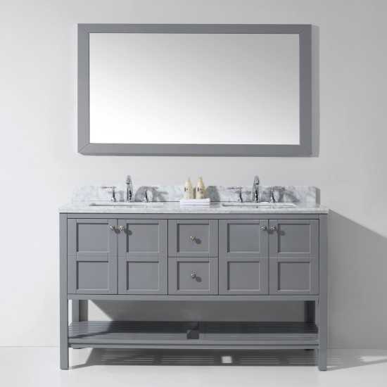 Winterfell 60" Double Bath Vanity in Gray with White Marble Top and Square Sinks and Matching Mirror