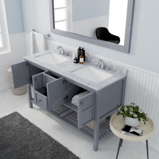 Winterfell 60" Double Bath Vanity in Gray with White Marble Top and Square Sinks and Matching Mirror