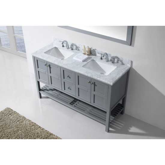 Winterfell 60" Double Bath Vanity in Gray with White Marble Top and Square Sinks and Matching Mirror