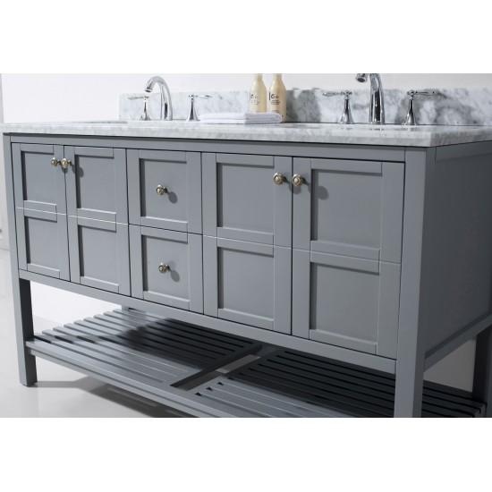 Winterfell 60" Double Bath Vanity in Gray with White Marble Top and Square Sinks and Matching Mirror