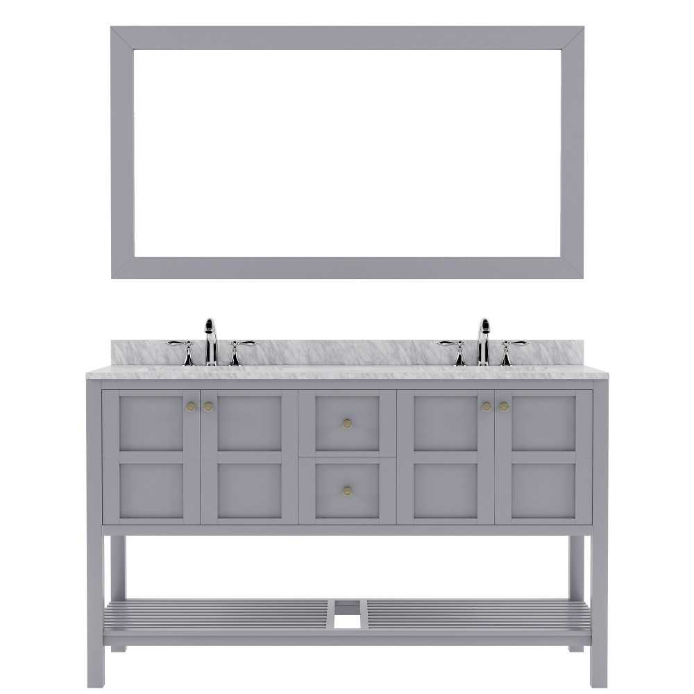 Winterfell 60" Double Bath Vanity in Gray with White Marble Top and Square Sinks with Brushed Nickel Faucets and Matching Mir