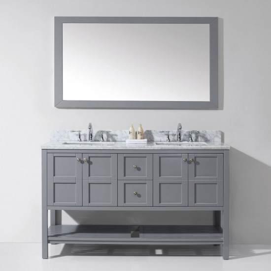 Winterfell 60" Double Bath Vanity in Gray with White Marble Top and Square Sinks with Brushed Nickel Faucets and Matching Mir