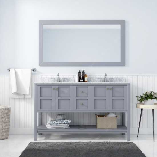 Winterfell 60" Double Bath Vanity in Gray with White Marble Top and Square Sinks with Brushed Nickel Faucets and Matching Mir