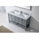 Winterfell 60" Double Bath Vanity in Gray with White Marble Top and Square Sinks with Brushed Nickel Faucets and Matching Mir