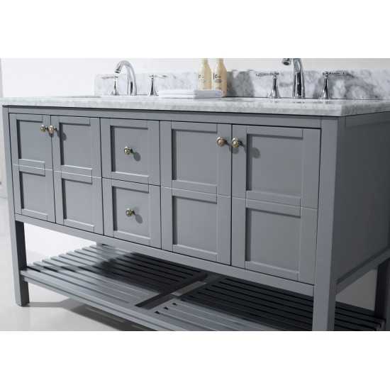 Winterfell 60" Double Bath Vanity in Gray with White Marble Top and Square Sinks with Brushed Nickel Faucets and Matching Mir