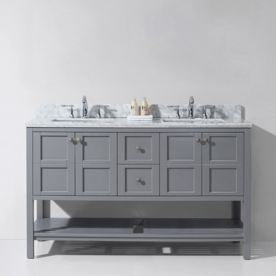 Winterfell 60" Double Bath Vanity in Gray with White Marble Top and Square Sinks with Brushed Nickel Faucets