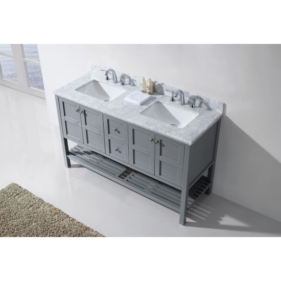 Winterfell 60" Double Bath Vanity in Gray with White Marble Top and Square Sinks with Brushed Nickel Faucets