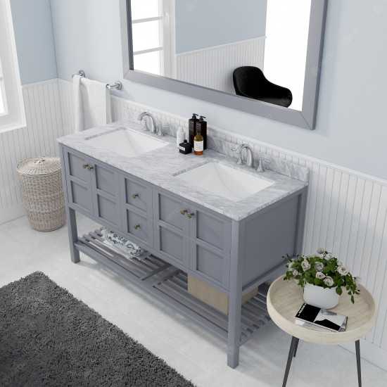 Winterfell 60" Double Bath Vanity in Gray with White Marble Top and Square Sinks with Polished Chrome Faucets and Mirror