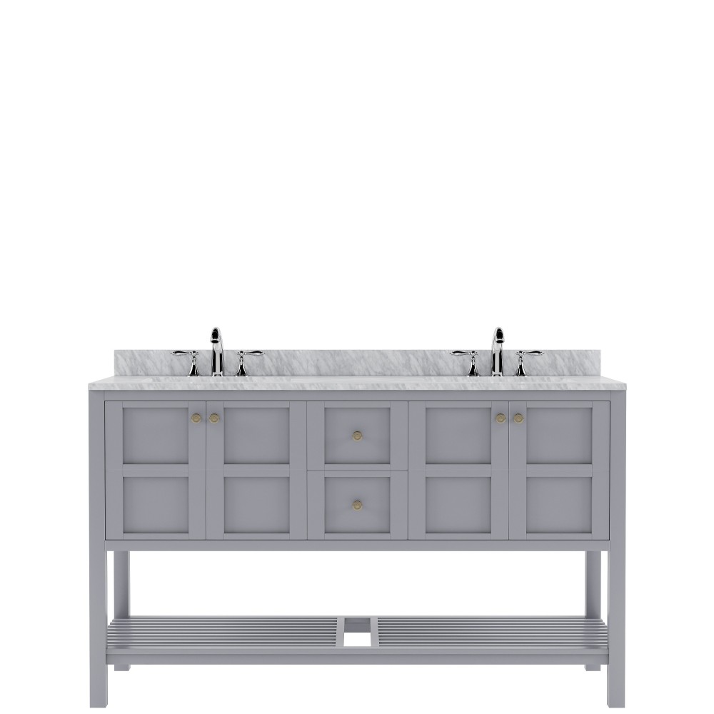 Winterfell 60" Double Bath Vanity in Gray with White Marble Top and Square Sinks with Polished Chrome Faucets