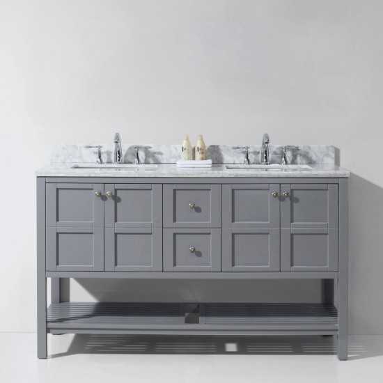 Winterfell 60" Double Bath Vanity in Gray with White Marble Top and Square Sinks with Polished Chrome Faucets