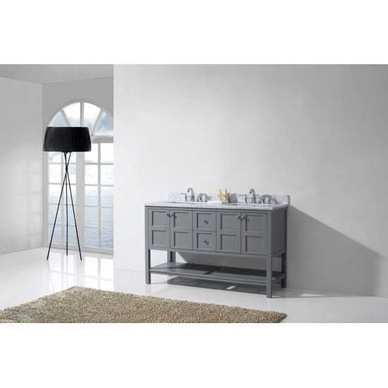Winterfell 60" Double Bath Vanity in Gray with White Marble Top and Square Sinks with Polished Chrome Faucets