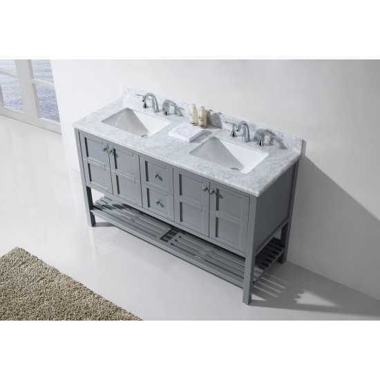 Winterfell 60" Double Bath Vanity in Gray with White Marble Top and Square Sinks with Polished Chrome Faucets