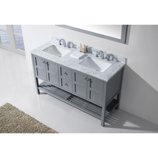 Winterfell 60" Double Bath Vanity in Gray with White Marble Top and Square Sinks