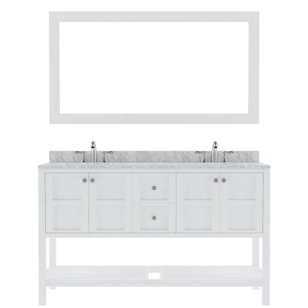 Winterfell 60" Double Bath Vanity in White with White Marble Top and Square Sinks and Matching Mirror