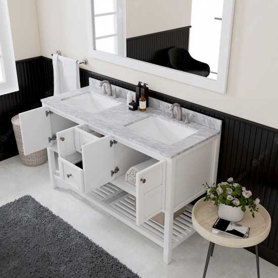 Winterfell 60" Double Bath Vanity in White with White Marble Top and Square Sinks and Matching Mirror