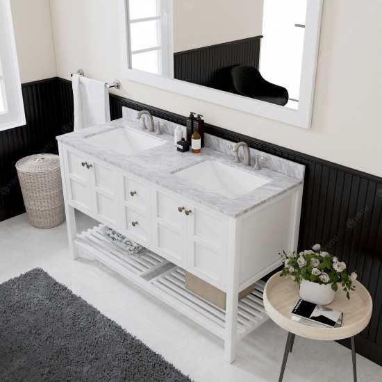 Winterfell 60" Double Bath Vanity in White with White Marble Top and Square Sinks with Brushed Nickel Faucets and Mirror