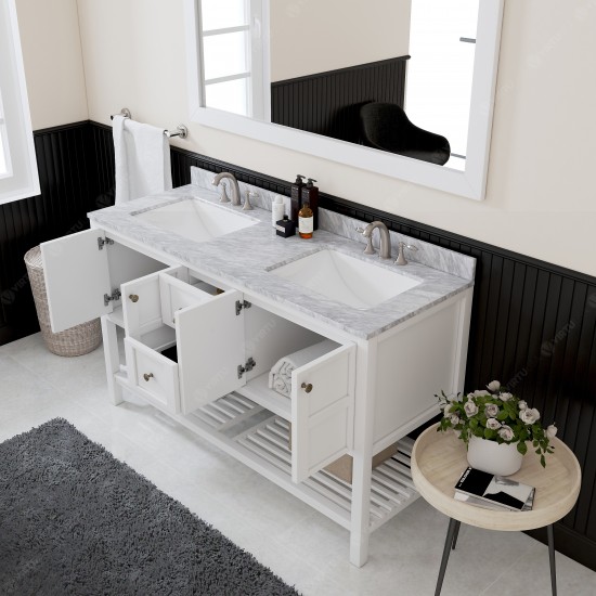 Winterfell 60" Double Bath Vanity in White with White Marble Top and Square Sinks with Brushed Nickel Faucets and Mirror