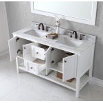 Winterfell 60" Double Bath Vanity in White with White Marble Top and Square Sinks with Brushed Nickel Faucets and Mirror