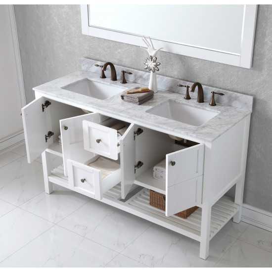 Winterfell 60" Double Bath Vanity in White with White Marble Top and Square Sinks with Brushed Nickel Faucets and Mirror