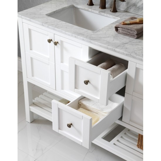 Winterfell 60" Double Bath Vanity in White with White Marble Top and Square Sinks with Brushed Nickel Faucets and Mirror