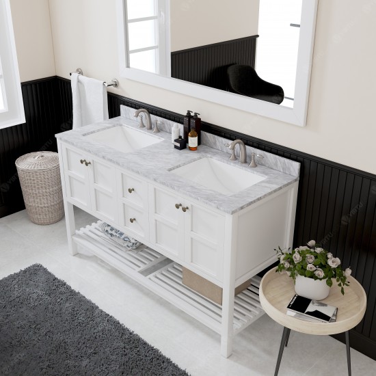 Winterfell 60" Double Bath Vanity in White with White Marble Top and Square Sinks with Polished Chrome Faucets and Mirror