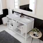 Winterfell 60" Double Bath Vanity in White with White Marble Top and Square Sinks with Polished Chrome Faucets and Mirror