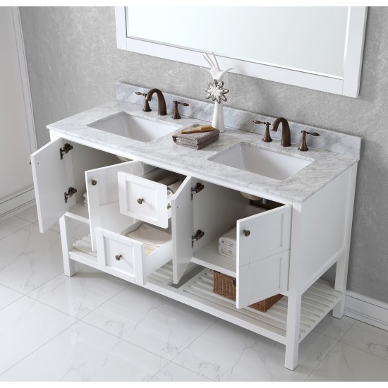 Winterfell 60" Double Bath Vanity in White with White Marble Top and Square Sinks with Polished Chrome Faucets and Mirror