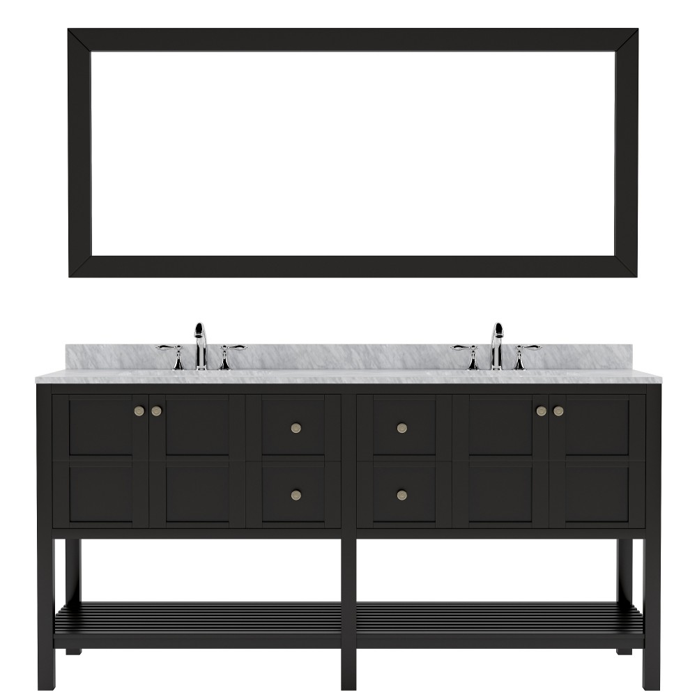 Winterfell 72" Double Bath Vanity in Espresso with White Marble Top and Round Sinks and Matching Mirror