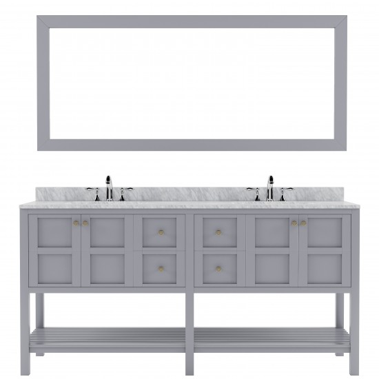 Winterfell 72" Double Bath Vanity in Gray with White Marble Top and Round Sinks and Matching Mirror