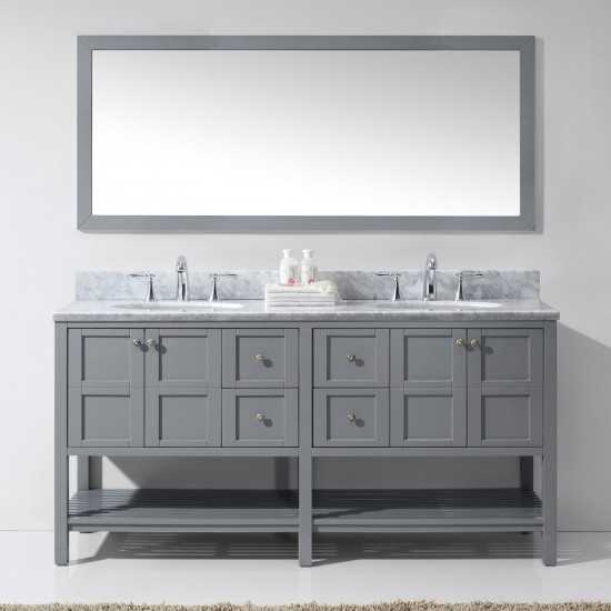 Winterfell 72" Double Bath Vanity in Gray with White Marble Top and Round Sinks and Matching Mirror