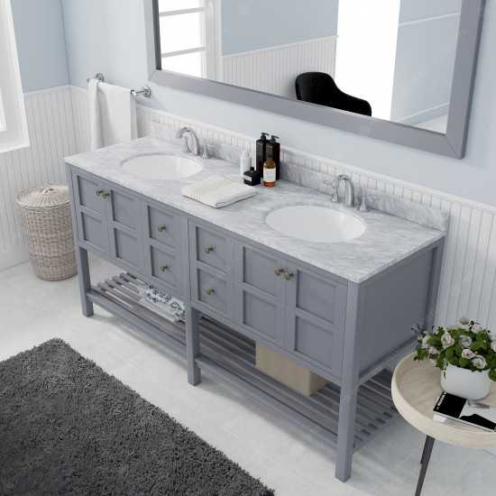 Winterfell 72" Double Bath Vanity in Gray with White Marble Top and Round Sinks and Matching Mirror