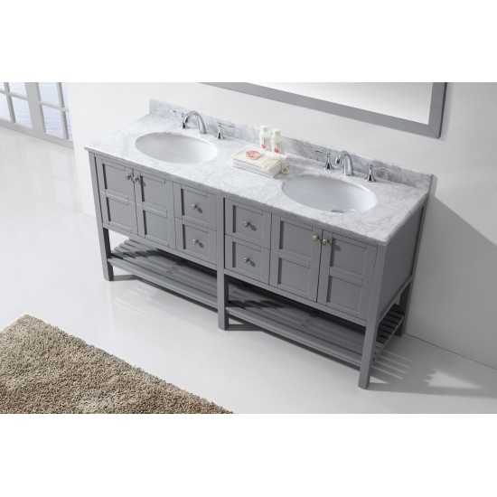 Winterfell 72" Double Bath Vanity in Gray with White Marble Top and Round Sinks and Matching Mirror