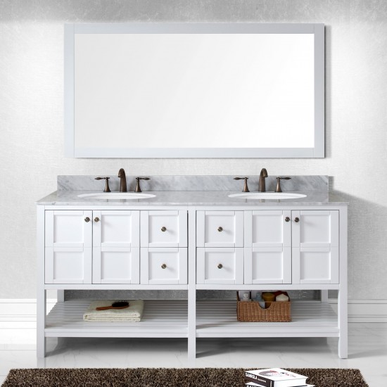 Winterfell 72" Double Bath Vanity in White with White Marble Top and Round Sinks and Matching Mirror