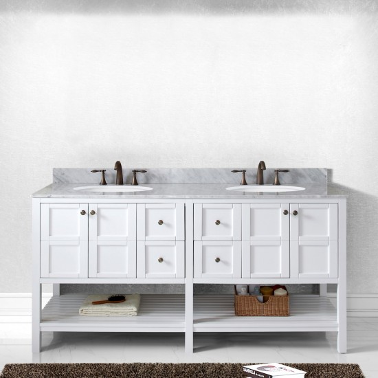 Winterfell 72" Double Bath Vanity in White with White Marble Top and Round Sinks